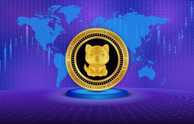 Baby doge virtual currency logo on colorful lights background. 3d illustration