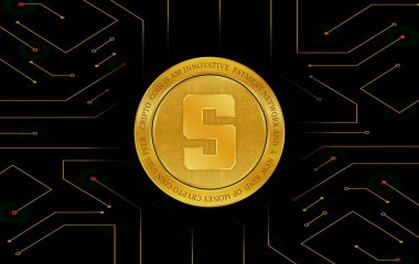  Soyut arka planda kum havuzu ve sanal para birimi logosu. 3d illüstrasyon.