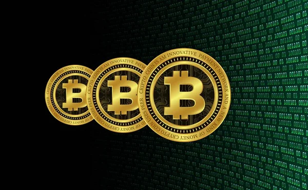 stock image images of the bitcoin-btc logo on a digital background. 3d illustrations.