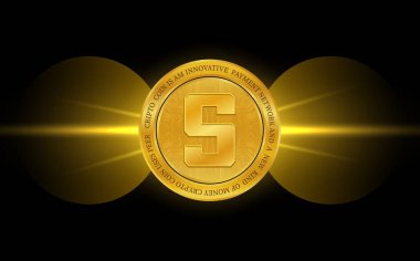  Soyut arka planda kum havuzu ve sanal para birimi logosu. 3d illüstrasyon.
