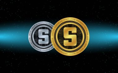  Soyut arka planda kum havuzu ve sanal para birimi logosu. 3d illüstrasyon.