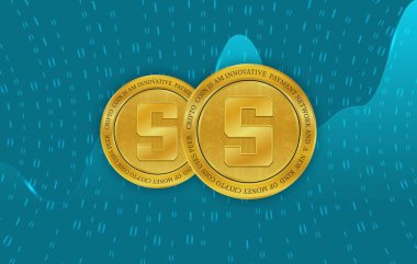  Soyut arka planda kum havuzu ve sanal para birimi logosu. 3d illüstrasyon.