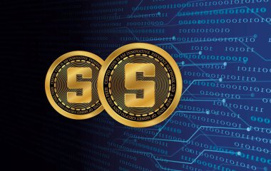  Soyut arka planda kum havuzu ve sanal para birimi logosu. 3d illüstrasyon.