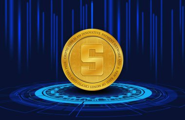  Soyut arka planda kum havuzu ve sanal para birimi logosu. 3d illüstrasyon.