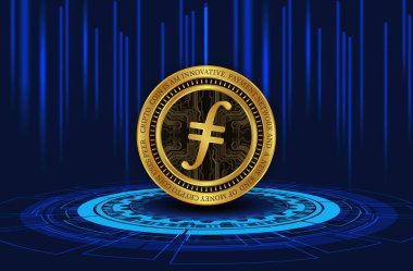 Dijital arkaplanda filecoin-fil sanal para biriminin görüntüsü. 3d illüstrasyon.