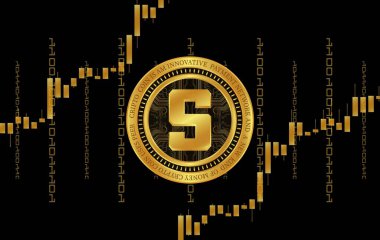  Soyut arka planda kum havuzu ve sanal para birimi logosu. 3d illüstrasyon.