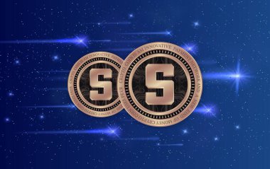  Soyut arka planda kum havuzu ve sanal para birimi logosu. 3d illüstrasyon.