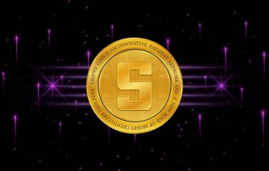  Soyut arka planda kum havuzu ve sanal para birimi logosu. 3d illüstrasyon.