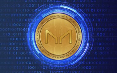 Dijital arka planda sanal para üreticisi-mkr madeni parasının bir görüntüsü. 3d illüstrasyon.