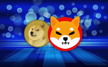 Shiba inu ve dogecoin sanal para birimi görselleri soyut bir arkaplanda. 3d illüstrasyon.