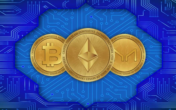 Ethereum Bitcoin Und Maker Virtuelle Währung Bild Digitalen Hintergrund Abbildungen — Stockfoto