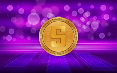  Soyut arka planda kum havuzu ve sanal para birimi logosu. 3d illüstrasyon.