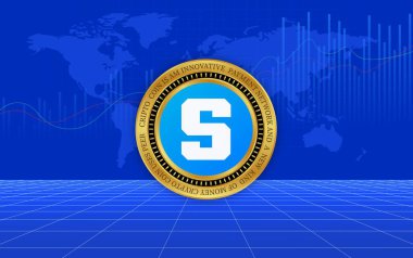  Soyut arka planda kum havuzu ve sanal para birimi logosu. 3d illüstrasyon.