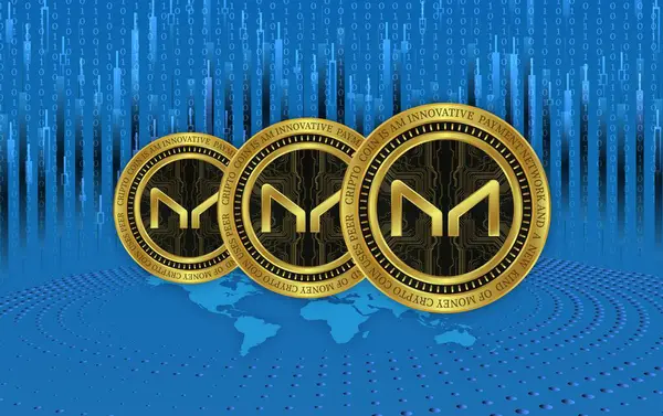 stock image an image of the virtual currency maker-mkr coin on a digital background. 3d illustrations.