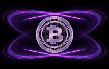 Dijital arkaplandaki bitcoin-btc logosunun görüntüleri. 3d illüstrasyon.