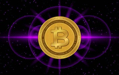 Dijital arkaplandaki bitcoin-btc logosunun görüntüleri. 3d illüstrasyon.