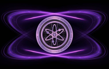 Dijital arkaplanda kozmos-atom kripto para birimi görüntüleri. 3d illüstrasyon.