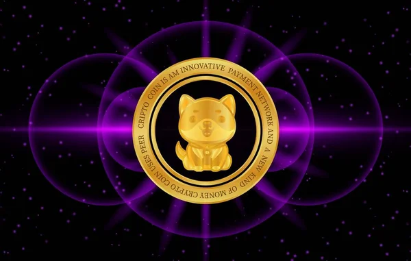 Baby doge virtual currency logo on colorful lights background. 3d illustration