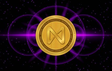 Dijital arka planda Protokol madeni para ve logonun yanında. 3d illüstrasyon resminin yanında.