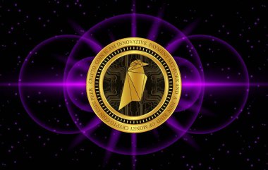 Ravencoin-Rvn dijital arkaplanda şifreli para birimi görüntüleri. 3d illüstrasyon.