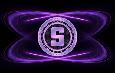  Soyut arka planda kum havuzu ve sanal para birimi logosu. 3d illüstrasyon.