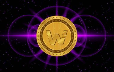 Woo ağı dijital arkaplanda sanal para birimi görüntüleri. 3d illüstrasyon.