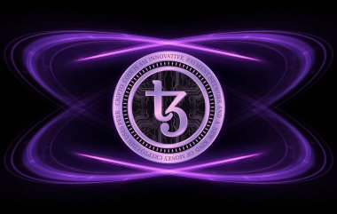 Teos-xtz dijital arkaplanda sanal para birimi görüntüsü. 3d illüstrasyon.