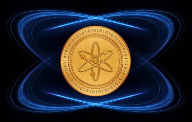 Dijital arkaplanda kozmos-atom kripto para birimi görüntüleri. 3d illüstrasyon.