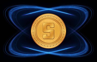  Soyut arka planda kum havuzu ve sanal para birimi logosu. 3d illüstrasyon.