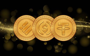 Bağlayıcı-usdt, USDC ve Binance usd-busd 'un şifreli para birimi görüntüleri. 3d illüstrasyon.