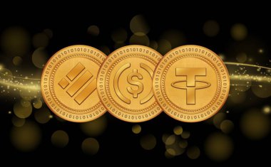 Cryptocurrency images of tether-usdt, usdc and binance usd-busd. 3d illustrations. clipart