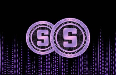  Soyut arka planda kum havuzu ve sanal para birimi logosu. 3d illüstrasyon.