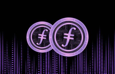 Dijital arkaplanda filecoin-fil sanal para biriminin görüntüsü. 3d illüstrasyon.