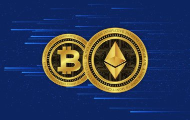 virtual currency images ethereum-eth and bitcoin-btc. 3d illustrations.