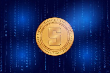  Soyut arka planda kum havuzu ve sanal para birimi logosu. 3d illüstrasyon.