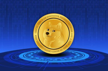 Dijital arkaplanda dogecoin-dog kripto para biriminin görüntüleri. 3d illüstrasyon.