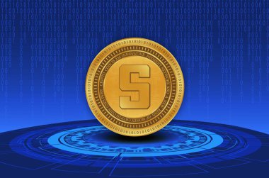  Soyut arka planda kum havuzu ve sanal para birimi logosu. 3d illüstrasyon.