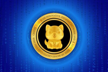 Baby doge virtual currency logo on colorful lights background. 3d illustration