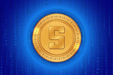  Soyut arka planda kum havuzu ve sanal para birimi logosu. 3d illüstrasyon.