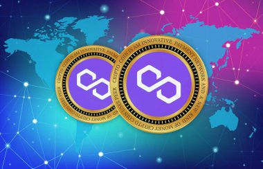 Dijital arkaplanda çokgen-matik kripto para birimi resimleri. 3d illüstrasyon.