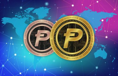 Dijital arka planda Potcoin-pot kripto para birimi resimleri. 3d illüstrasyon.