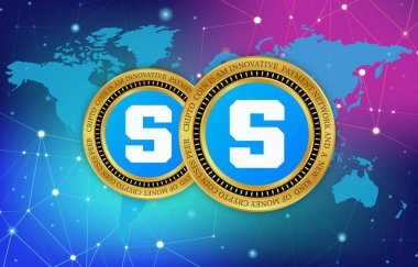  Soyut arka planda kum havuzu ve sanal para birimi logosu. 3d illüstrasyon.