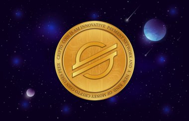 Dijital arkaplanda yıldız-xlm şifreli para birimi resimleri. 3d illüstrasyon.