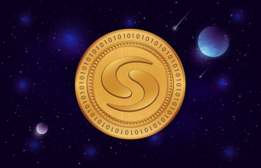 Sayısal arkaplandaki syscoin-sys şifreli para birimi resimleri. 3d illüstrasyon.