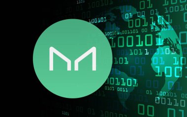 Dijital arka planda sanal para üreticisi-mkr madeni parasının bir görüntüsü. 3d illüstrasyon.