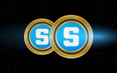  Soyut arka planda kum havuzu ve sanal para birimi logosu. 3d illüstrasyon.