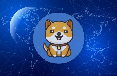 Bebek Doge renkli ışık arka planında sanal para birimi logosu. 3d illüstrasyon