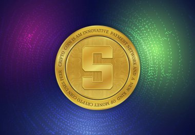  Soyut arka planda kum havuzu ve sanal para birimi logosu. 3d illüstrasyon.