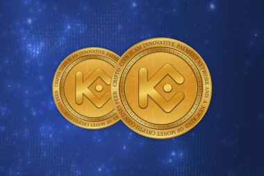 Dijital arkaplanda kucoin-kcs sanal para birimi resimleri. 3d illüstrasyon.