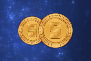  Soyut arka planda kum havuzu ve sanal para birimi logosu. 3d illüstrasyon.